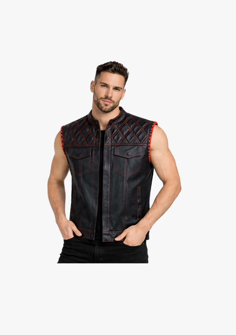 WCL Leather Club Vest w/t Red Lace Shoulder Stitching - Image 2