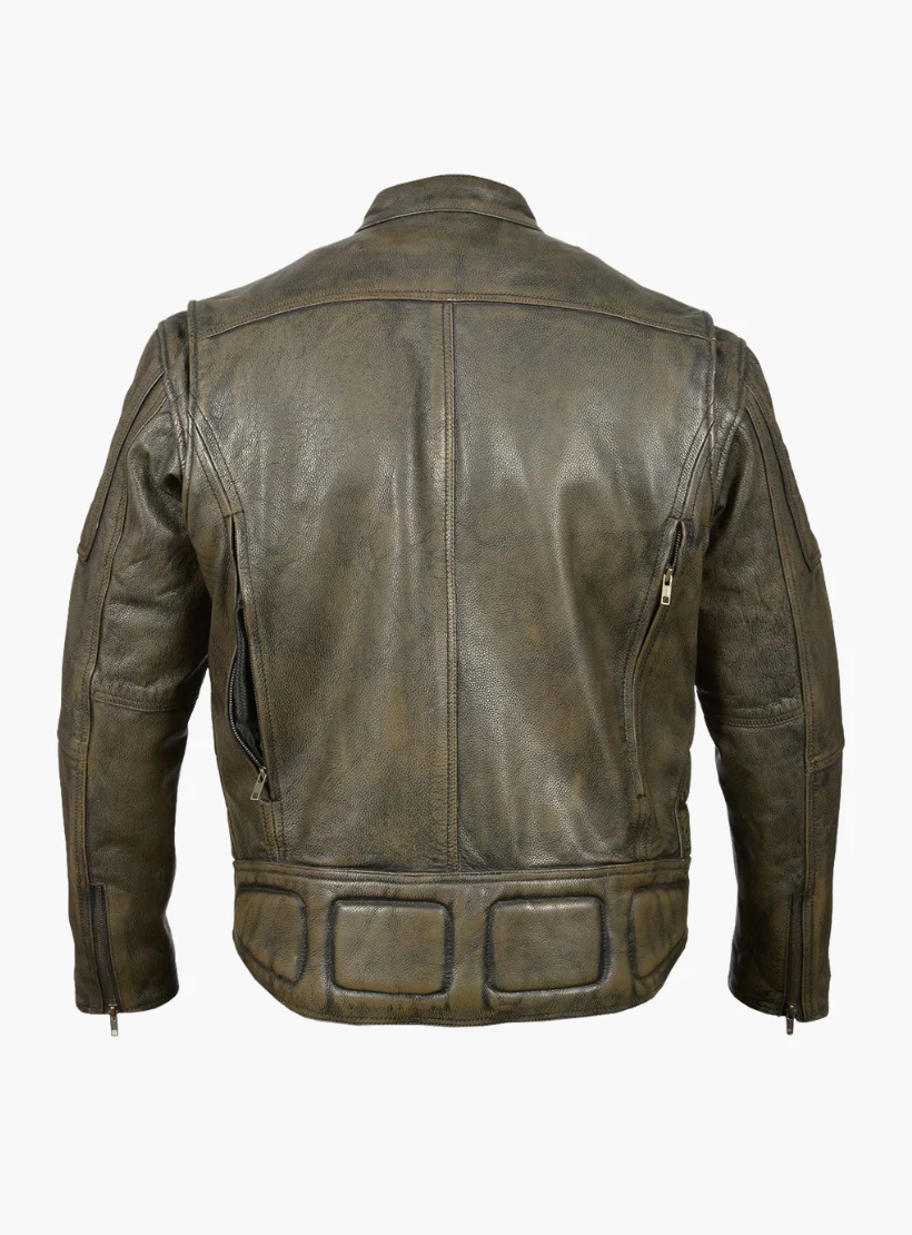 Distressed Brown Padded and Vented Leather Scooter Jacket - Image 3