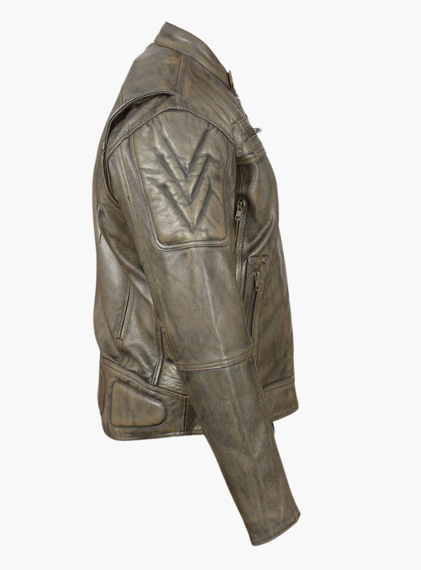 Distressed Brown Padded and Vented Leather Scooter Jacket - Image 4