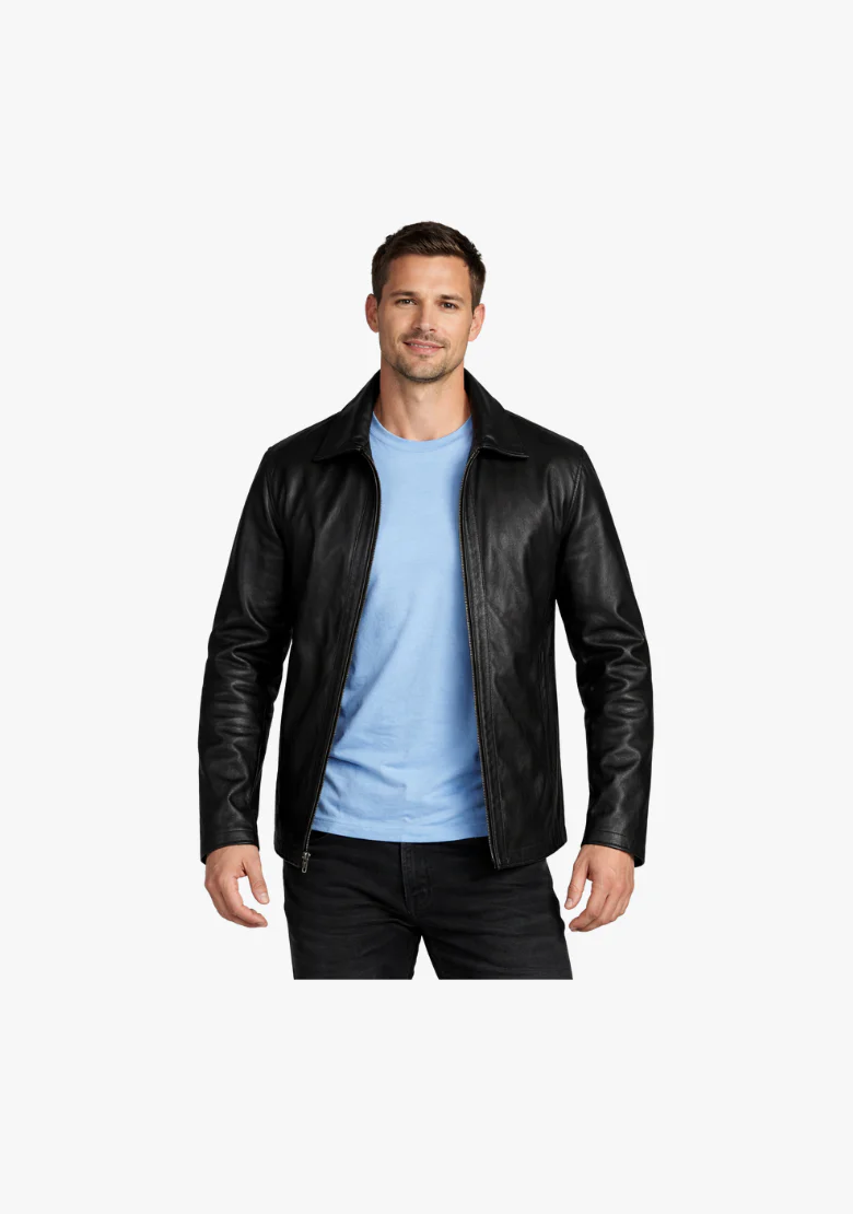 Straight Classic Fashion Leather Jacket with Collar - Image 2