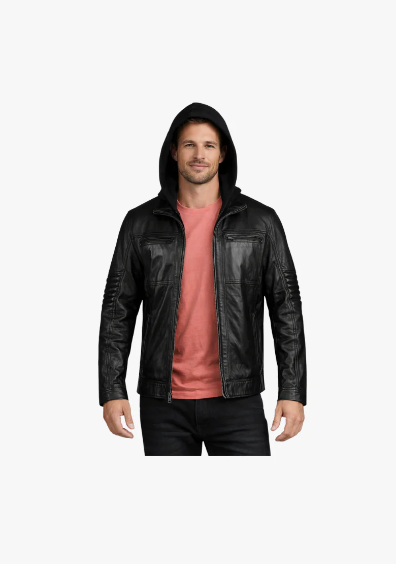 Straight Fashion Leather Jacket with Removable Hood - Image 2