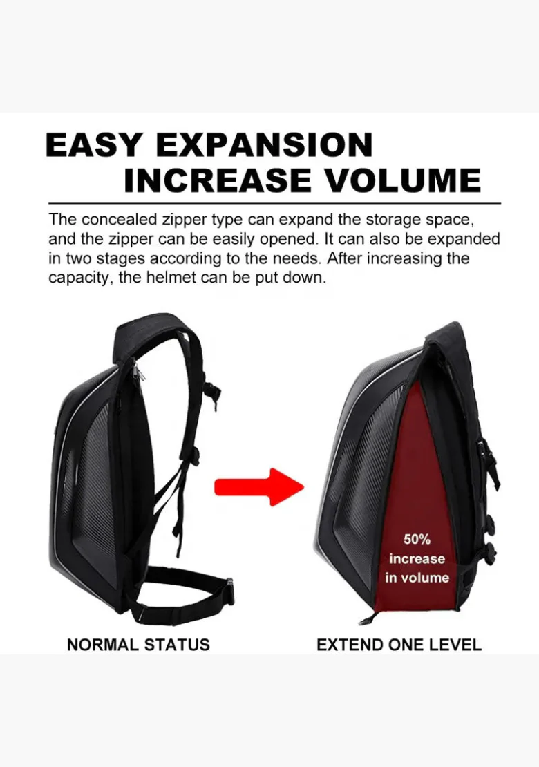 WCL Motorcycle Helmet Bag Waterproof Backpack Expandable Hard Shell - Image 4