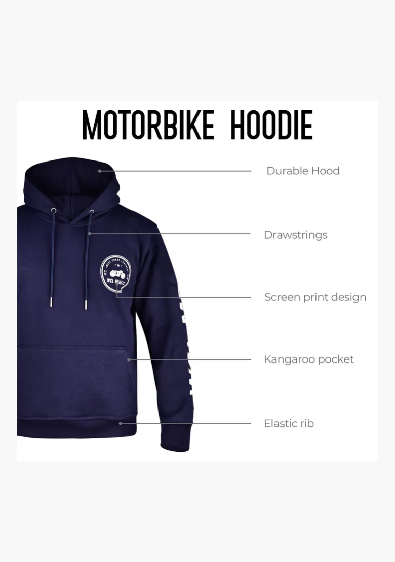 WCL Armoured Kevlar Lined Motorcycle Riding Hoodie w/t CE Level 1 Armor - Navy Blue - Image 4