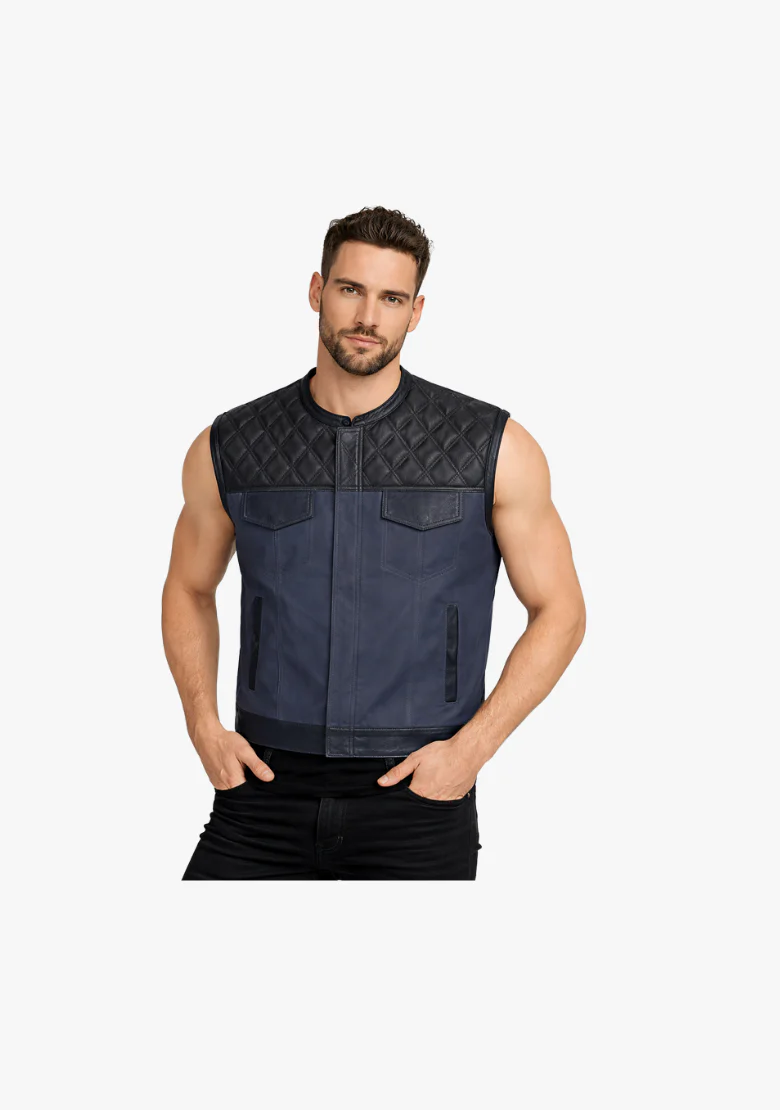 WCL Hybrid Canvas Leather Club Vest w/t Navy Blue Quilted Leather - Image 2