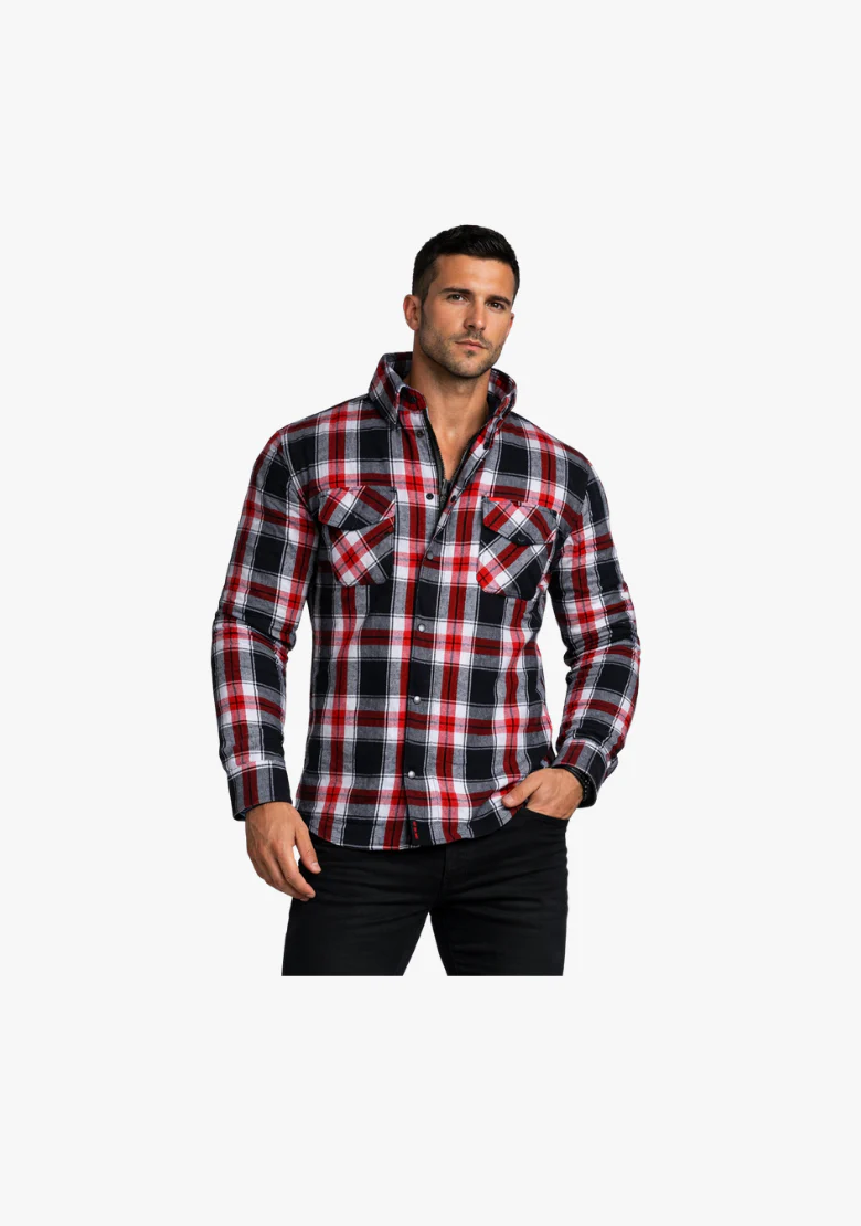 WCL Kevlar Lined Performance Motorcycle Riding Long Sleeve Flannel Shirt  W/T CE Level 1 armor - Red and White - Image 2