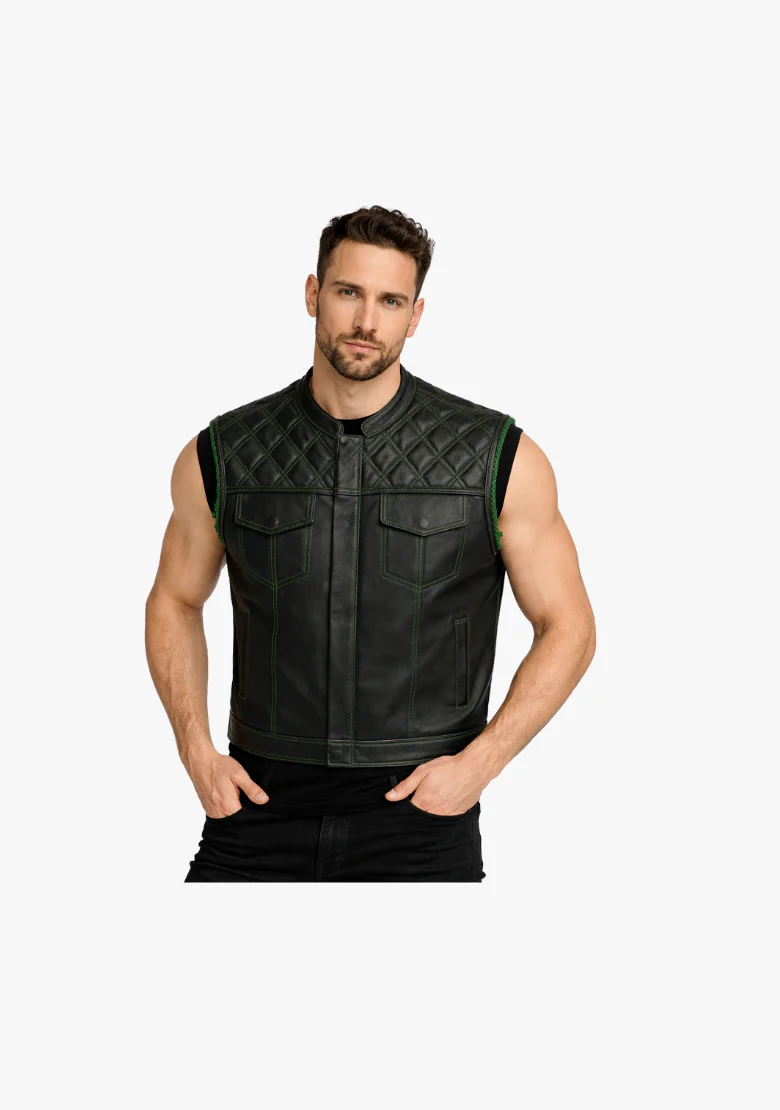 WCL Leather Club Vest w/t Green Lace and Shoulder Stiching - Image 2