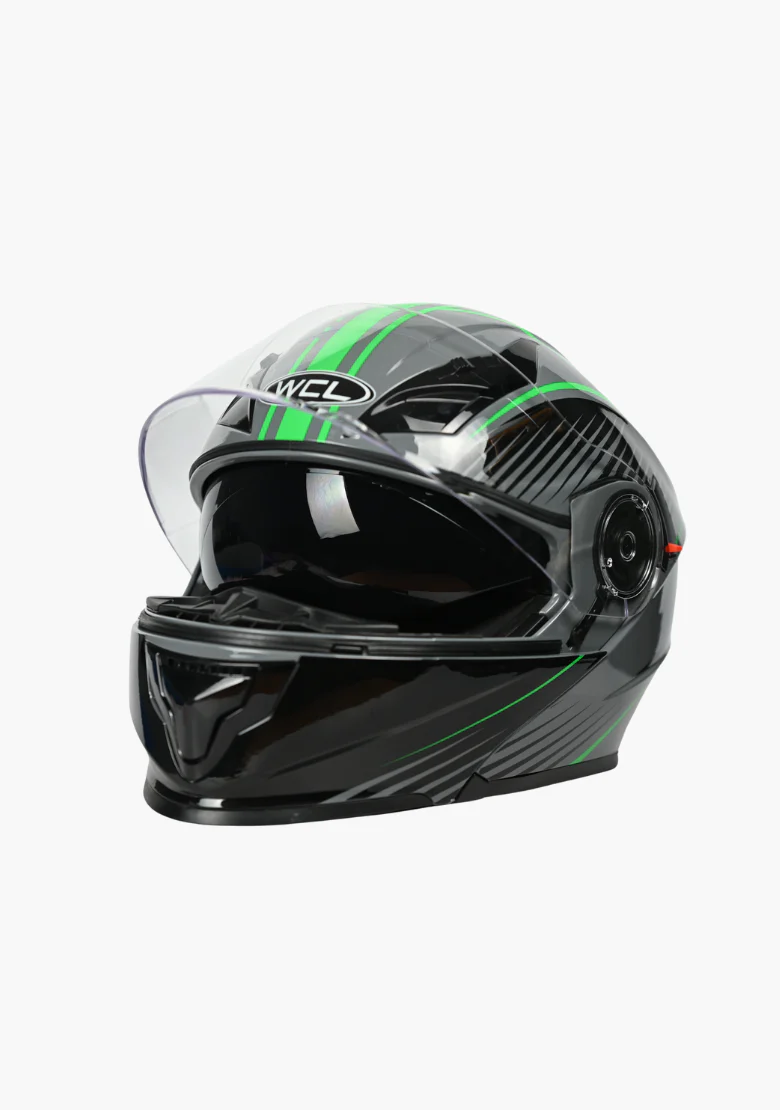 WCL Modular Full Face Motorcycle Helmet with Double Lens Visor - Green Black - Image 3