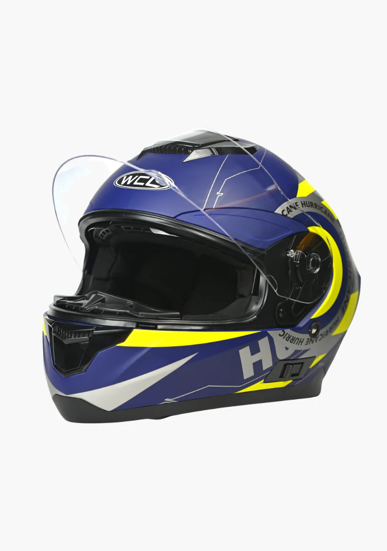 WCL Raider Full Face Motorcycle Helmet - Drop Down Tinted Visor, Quick Release Buckle, DOT Approved - Blue Yellow - Image 3