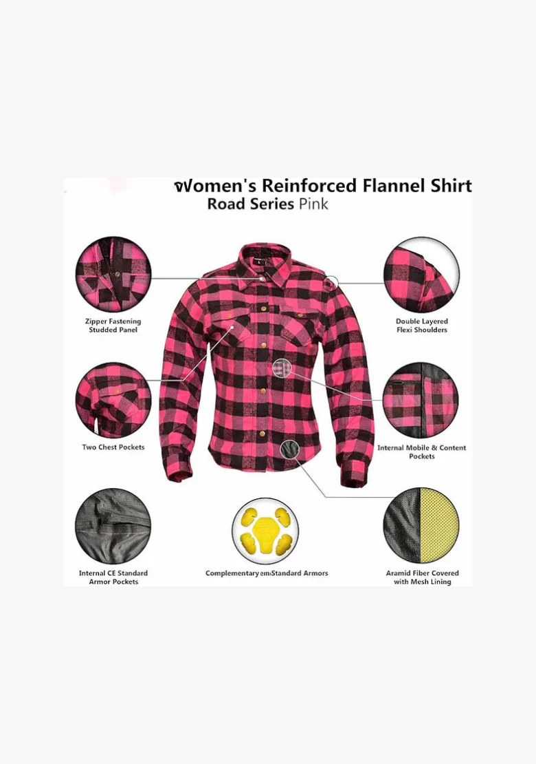 WCL Women's Kevlar Lined Performance Motorcycle Riding Long Sleeve Flannel Shirt  W/T CE Level 1 armor - Pink - Image 5