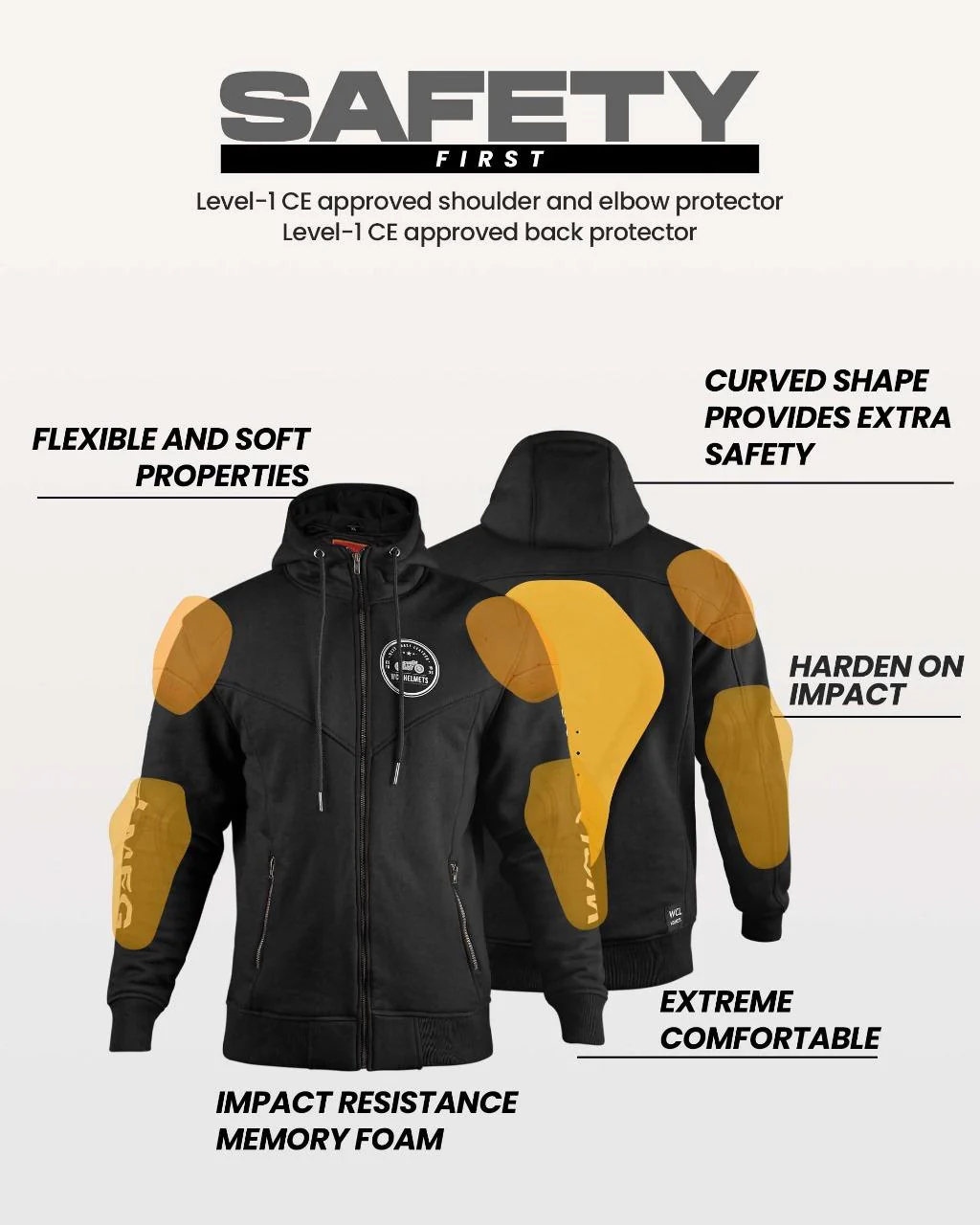 WCL Zippered Armoured Kevlar Lined Motorcycle Riding Hoodie w/t CE Level 1 Armor - Black - Image 2