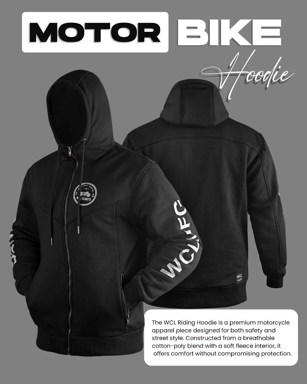 WCL Zippered Armoured Kevlar Lined Motorcycle Riding Hoodie w/t CE Level 1 Armor - Black - Image 3