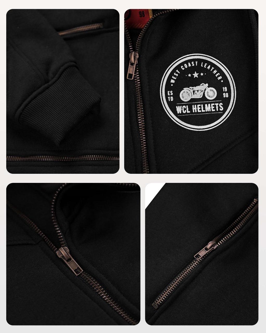 WCL Zippered Armoured Kevlar Lined Motorcycle Riding Hoodie w/t CE Level 1 Armor - Black - Image 4