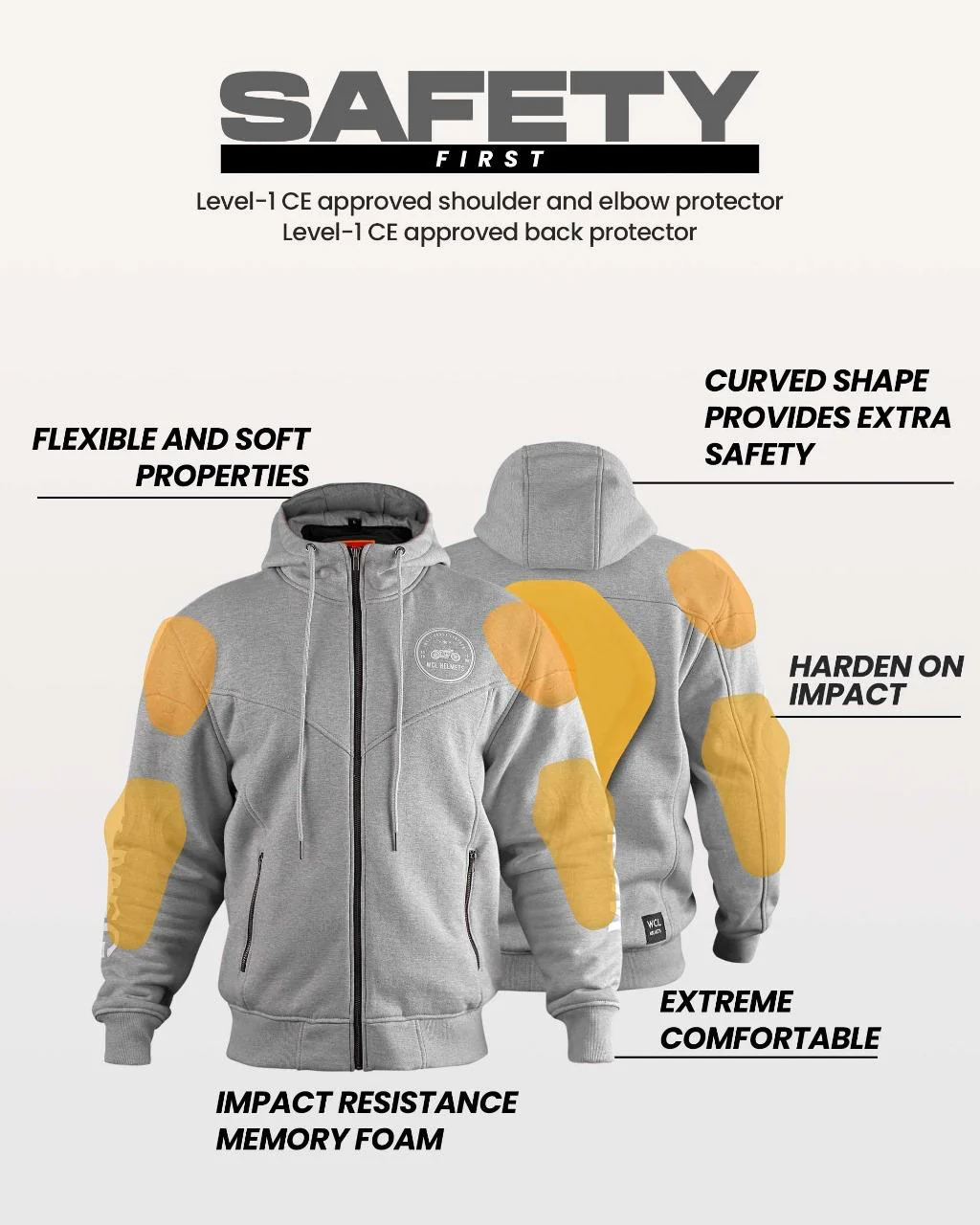 WCL Zippered Armoured Kevlar Lined Motorcycle Riding Hoodie w/t CE Level 1 Armor - Gray - Image 2