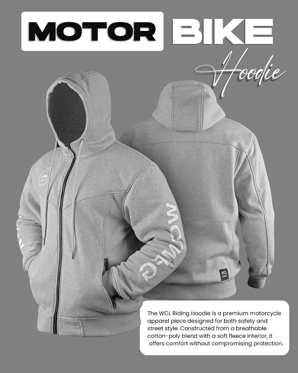 WCL Zippered Armoured Kevlar Lined Motorcycle Riding Hoodie w/t CE Level 1 Armor - Gray - Image 3