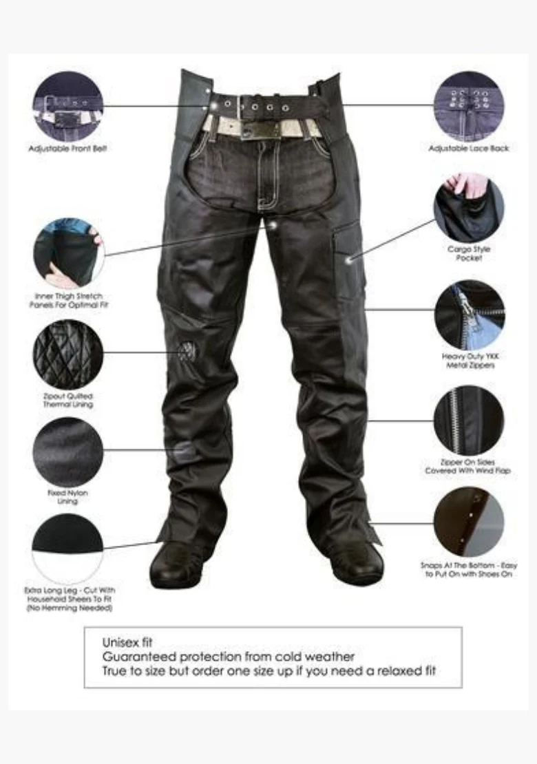 ZIP-OUT INSULATED AND LINED PLAIN BIKER LEATHER CHAPS - Image 3